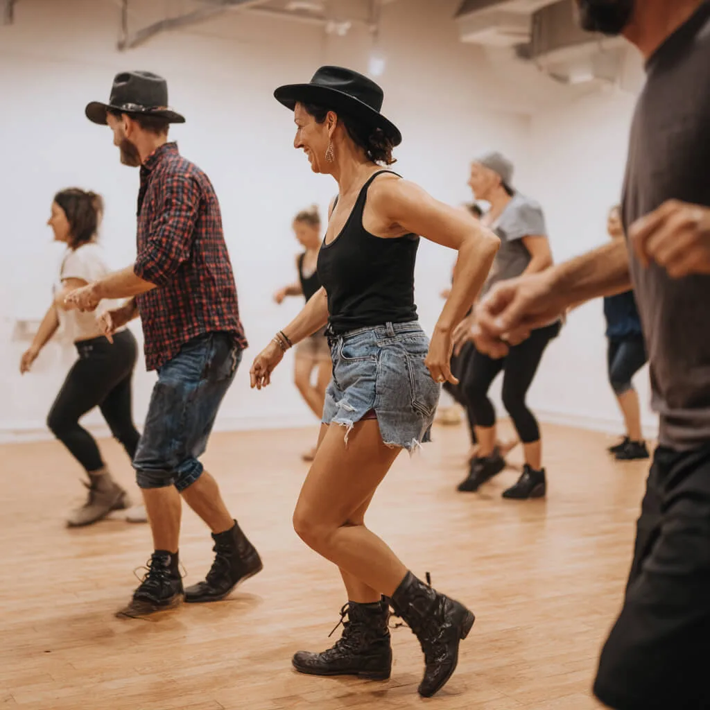 Adults learning line dancing at a dance class in Liverpool
