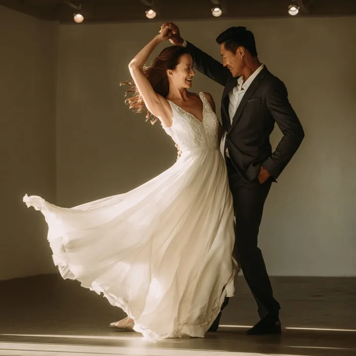 Wedding dance lessons — couple practising their first dance routine in a studio
